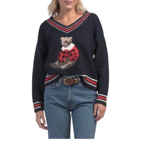 NICOLE MILLER NEW YORK Navy Combo Buffalo Bear Sweater - Picture 1 of 2